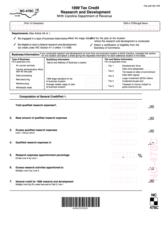 Form Nc478c - 1999 Tax Credit Research And Development - North Carolina Department Of Revenue Printable pdf
