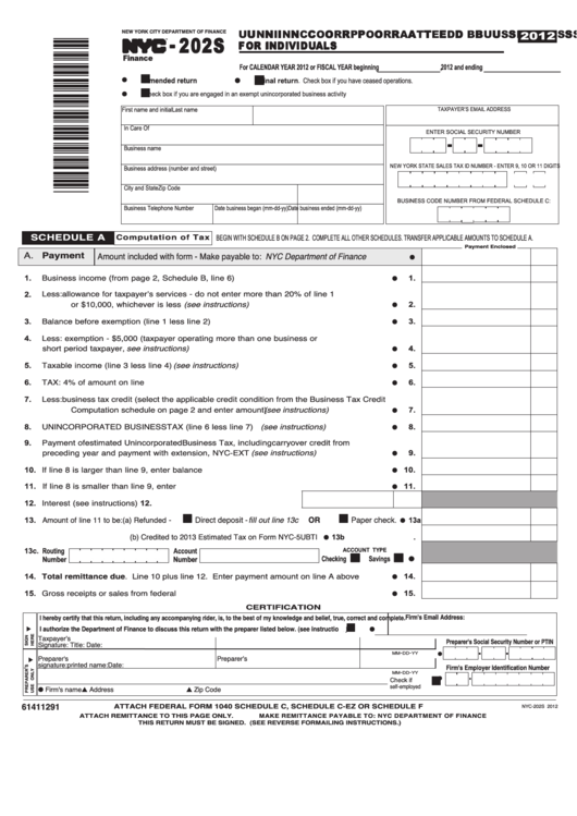 Form Nyc-202s - Unincorporated Business Tax Return For Individuals - 2012 Printable pdf