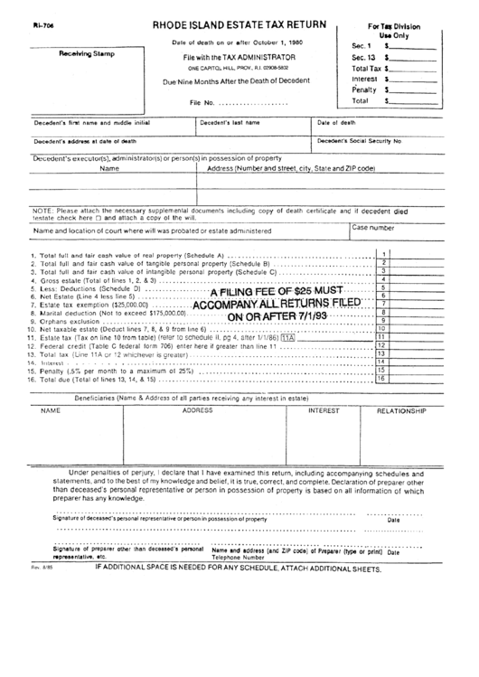 Fillable Form Ri706 Rhode Island Estate Tax Return printable pdf