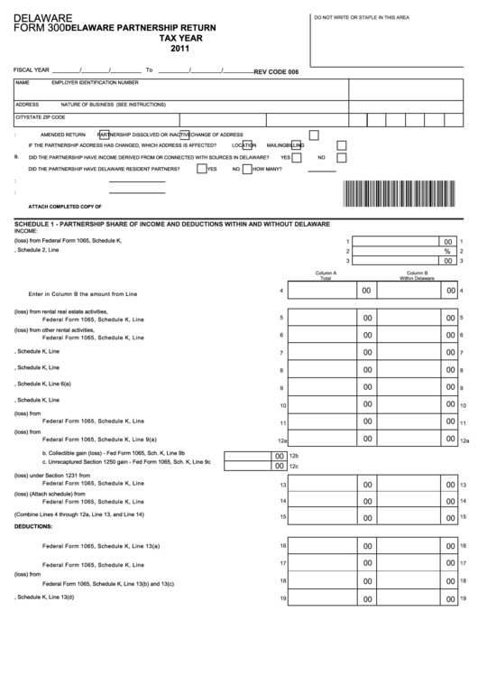 Delaware Form 300 - Delaware Partnership Return - 2011 Printable pdf