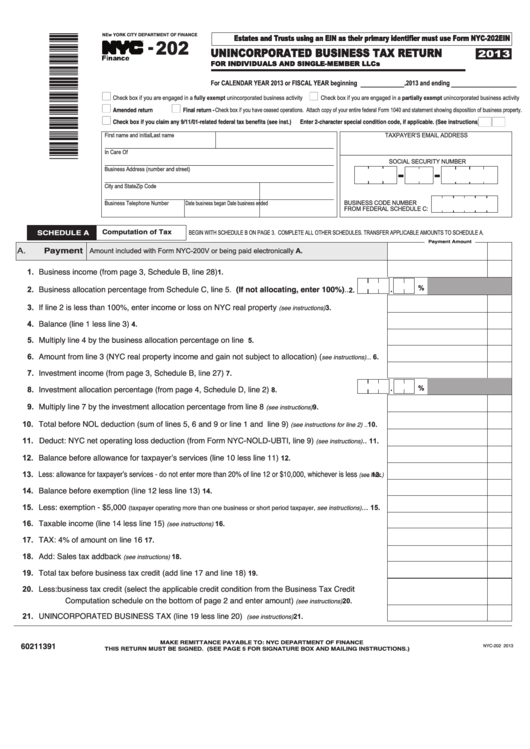 Form Nyc-202 - Unincorporated Business Tax Return - 2013 Printable pdf