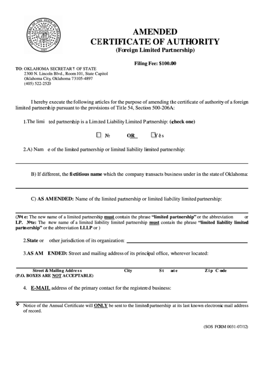 Form 0031-07/12 - Amended Certificate Of Authority Printable pdf