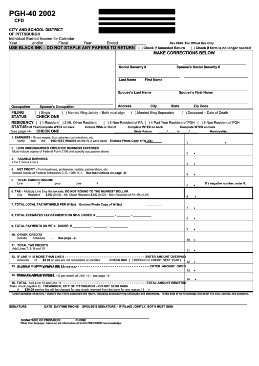 Form Pgh-40 - Individual Earned Income/form Wtex - Non-Resident Exemption Certificate - 2002 Printable pdf