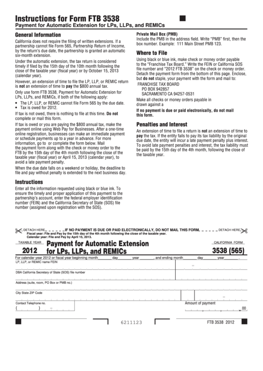 Form Ftb 3538 (565) - Payment For Automatic Extension For Lps, Llps, And Remics - 2012 Printable pdf