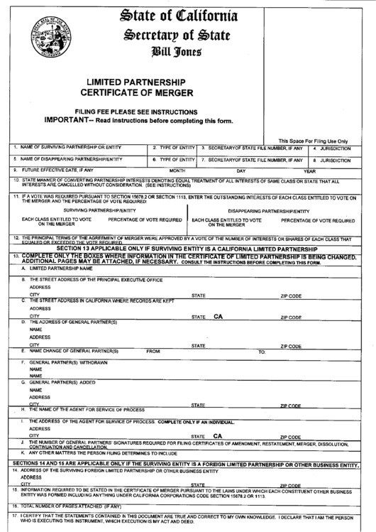 Form Lp-9 - Limited Partnership Certificate Of Merger - Secretay Of State - California Printable pdf
