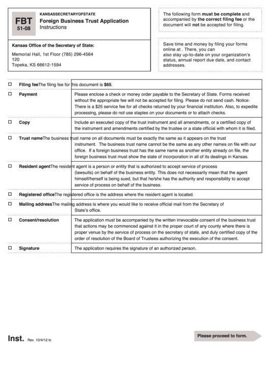 Form Fbt 51-08 - Foreign Business Trust Application - 2012 Printable pdf