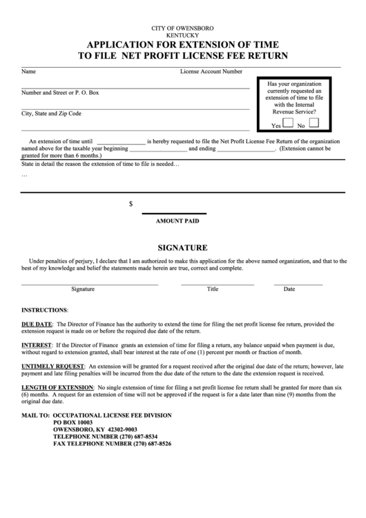 Application For Extension Of Time To File Net Profit License Fee Return - City Of Owensboro Printable pdf
