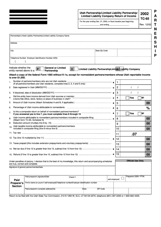 Form Tc-65 - Utah Partnership/limited Liability Partnership/limited Liability Company Return Of Income - 2002 Printable pdf