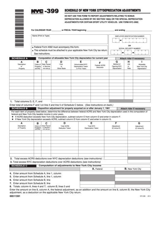 Form Nyc-399 - Schedule Of New York City Depreciation Adjustments - 2015 Printable pdf