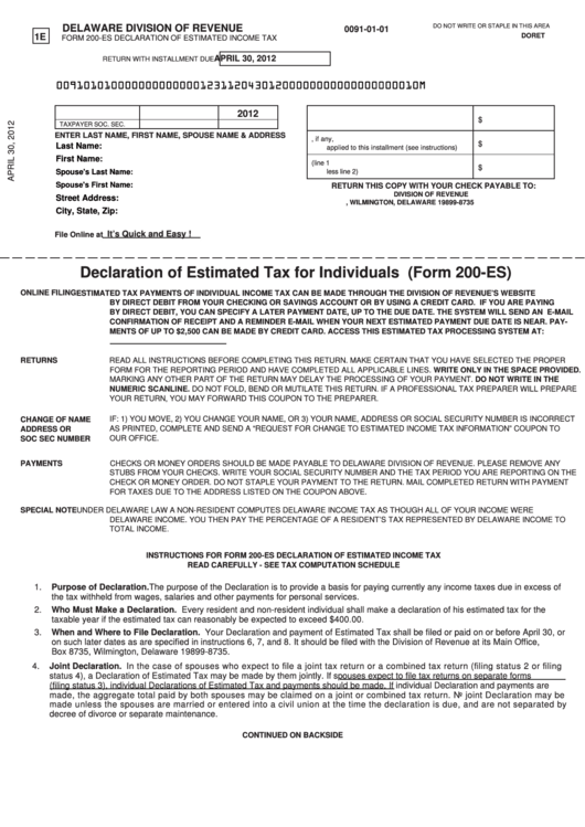 Form 200-Es - Declaration Of Estimated Tax For Individuals - 2012 Printable pdf