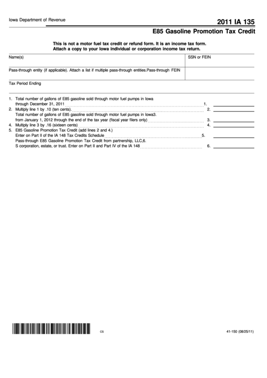Form Ia 135 - E85 Gasoline Promotion Tax Credit - 2011 Printable pdf