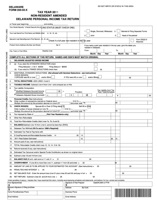 Form 200-02-X - Non-Resident Amended Delaware Personal Income Tax Return - 2011 Printable pdf