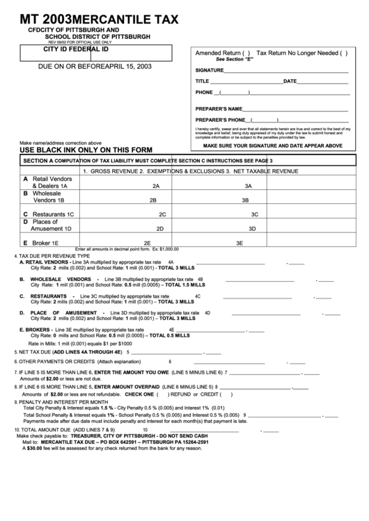 Form Mt - Mercantile Tax - City Of Pittsburgh - 2003 Printable pdf