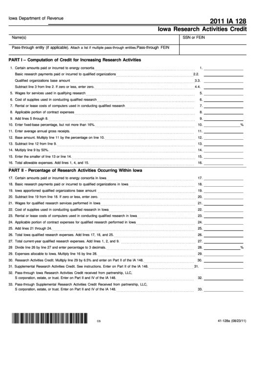 Form Ia 128 - Iowa Research Activities Credit - 2011 Printable pdf