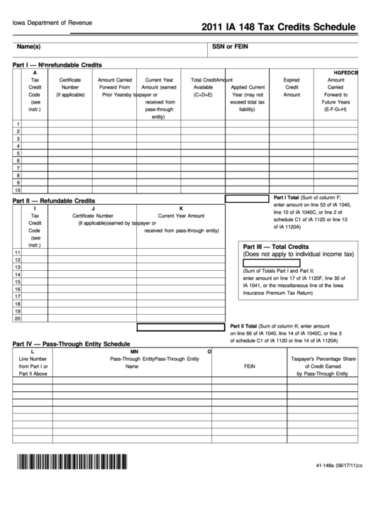 Form Ia 148 - Tax Credits Schedule -2011 Printable pdf