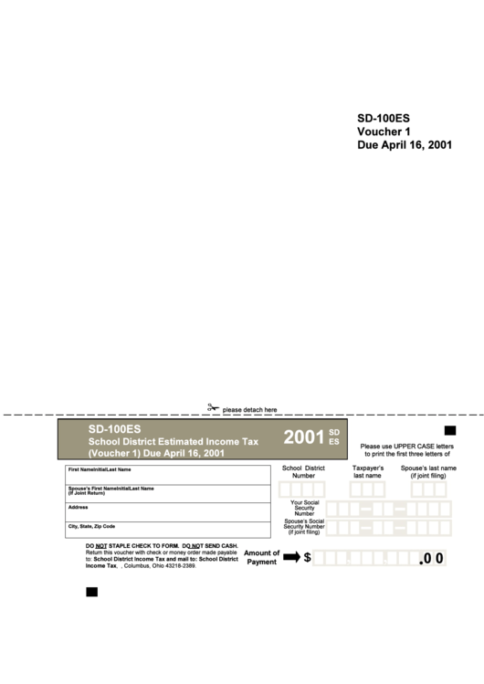 Form Sd-100es - School District Estimated Income Tax - 2001 Printable pdf