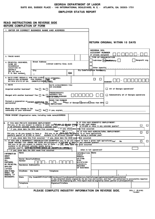 Form Dol-1 - Employer Status Report Printable pdf