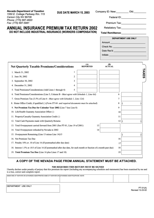 Form Pt-01(A) - Annual Insurance Premium Tax Return - 2002 Printable pdf