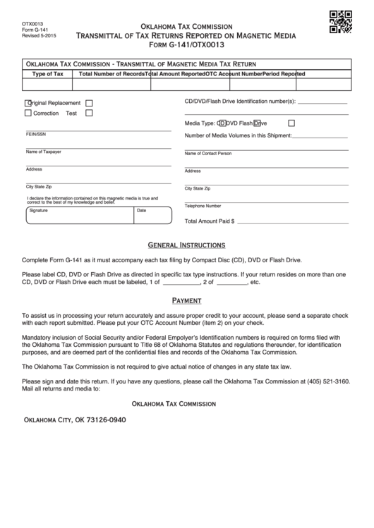 Fillable Form G-141/otx0013 - Transmittal Of Tax Returns Reported On Magnetic Media May 2015 Printable pdf