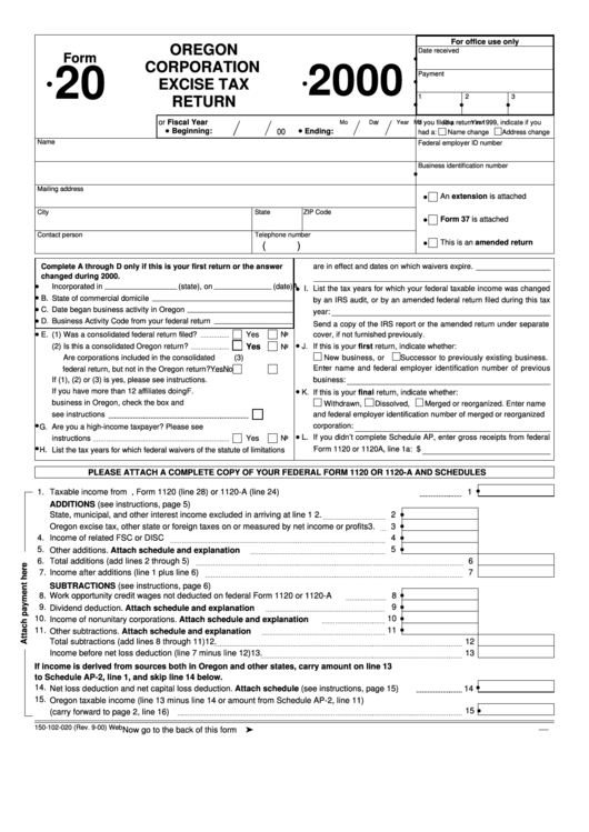 Form 20 - Oregon Corporation Excise Tax Return - 2000 Printable pdf