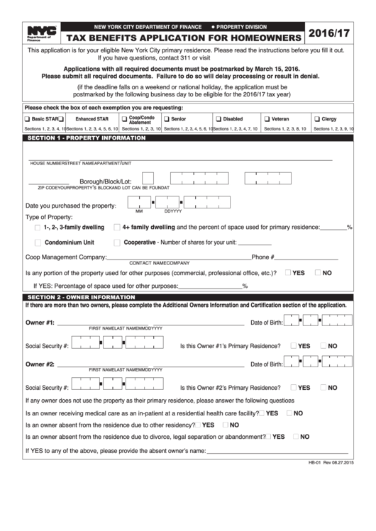 Tax Benefits Application For Homeowners - New York City Department Of Finance - 2016/2017 Printable pdf