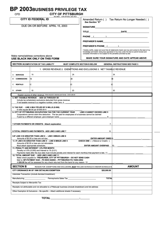 Form Bp - Business Privilege Tax - City Of Pittsburgh - 2003 Printable pdf