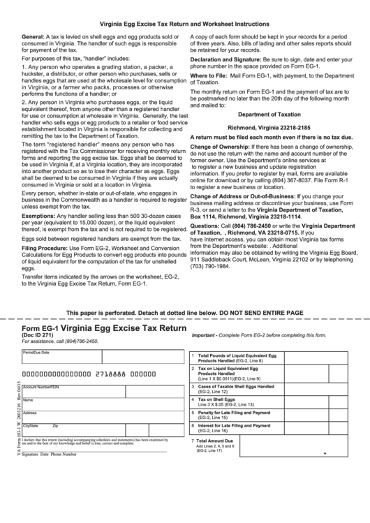 Fillable Form Eg-1 - Virginia Egg Excise Tax Return - 2015 Printable pdf