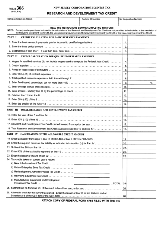 Form 306 - Research And Development Tax Credit June 2001 Printable pdf