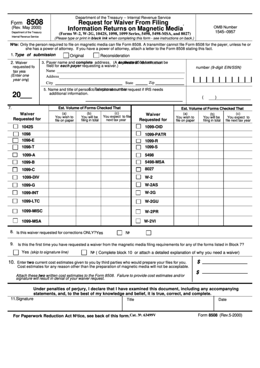 Form 8508 - Request For Waiver From Filing Information Returns On Magnetic Media - 2000 Printable pdf