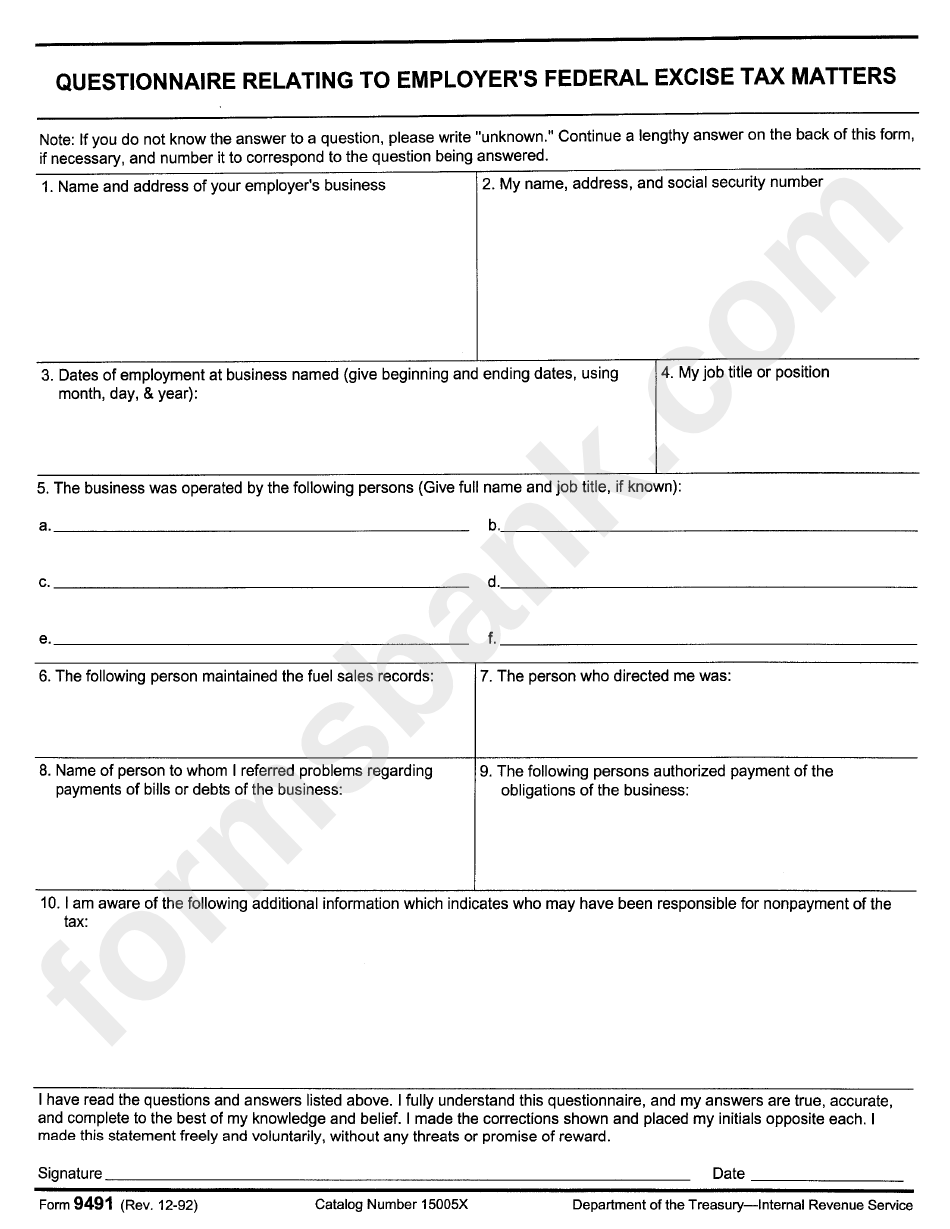 Form 9491 - Questionnaire Relating To Employer