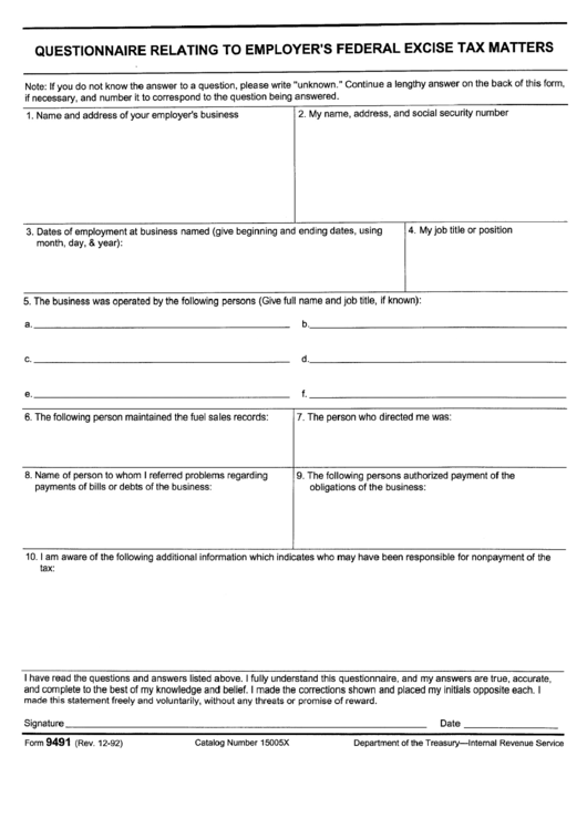 Form 9491 - Questionnaire Relating To Employer