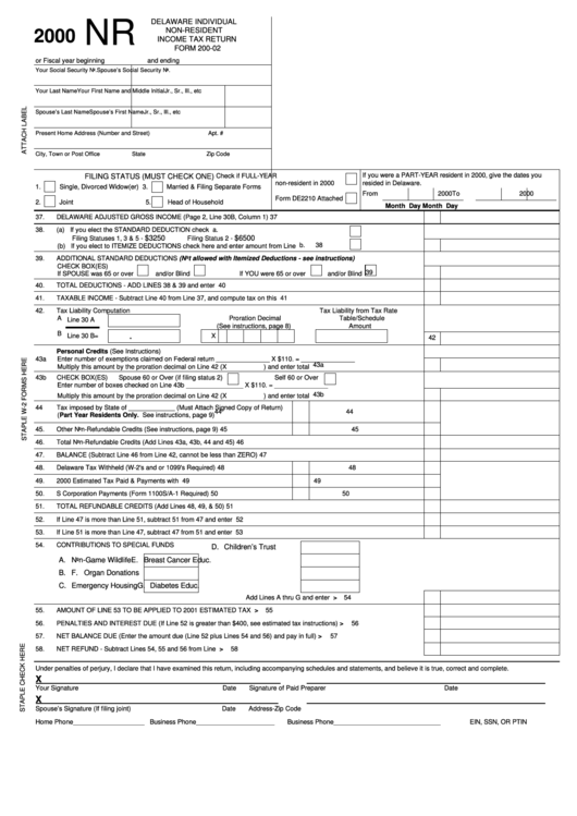 Form 200-02 - Delaware Individual Non-Resident Income Tax Return - De Division Of Revenue - 2000 Printable pdf