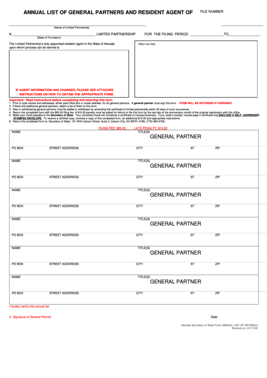 Form Gp1999.01 - Annual List Of General Partners And Resident Agent Printable pdf