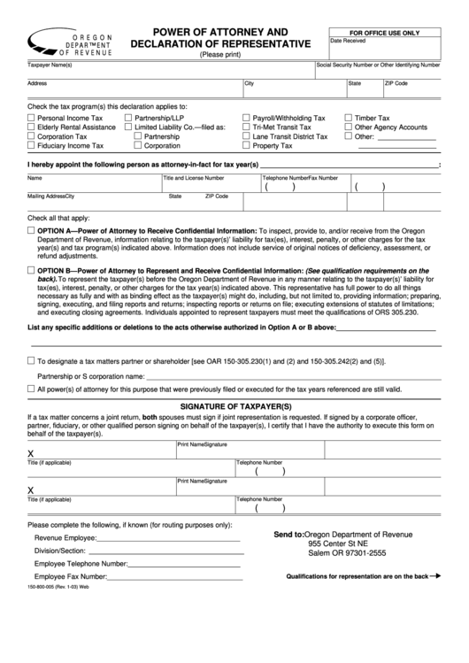 Power Of Attorney And Declaration Of Representative - Oregon Department Of Revenue - 2003 Printable pdf