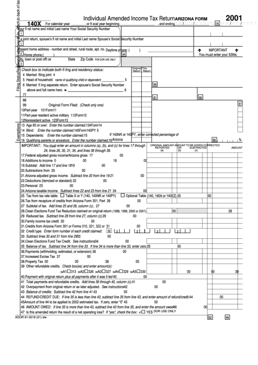 Form 140x - Individual Amended Income Tax Return - 2001 Printable pdf
