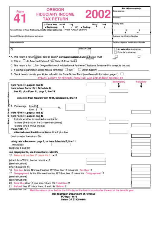 Form 41 - Oregon Fiduciary Income Tax Return - 2002 Printable pdf
