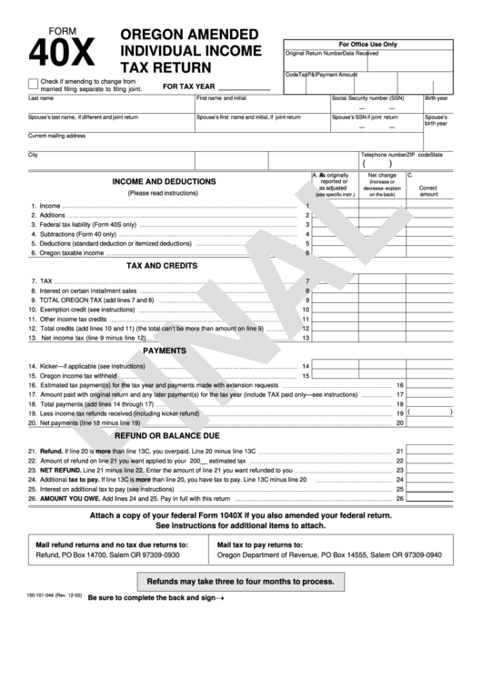 Form 40x Draft - Oregon Amended Individual Income Tax Return Printable pdf