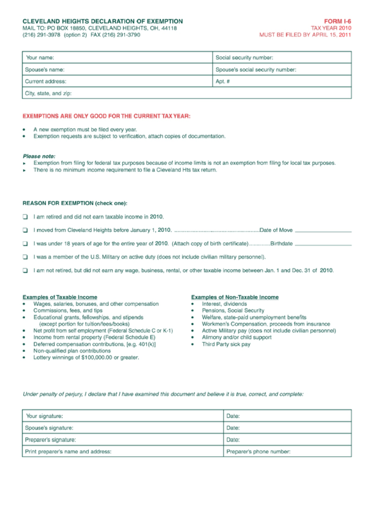 Form I-6 - Cleveland Heights Declaration Of Exemption 2010 Printable pdf