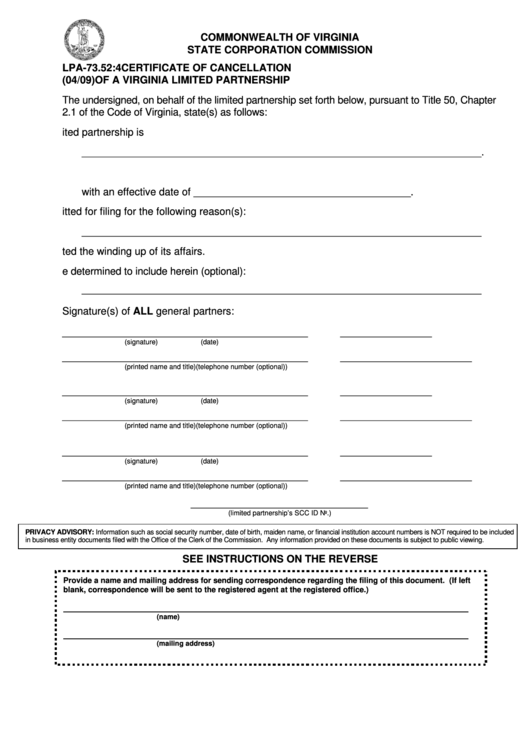 Form Lpa-73.52:4 - Certificate Of Cancellation Of A Virginia Limited Partnership - 2009 Printable pdf