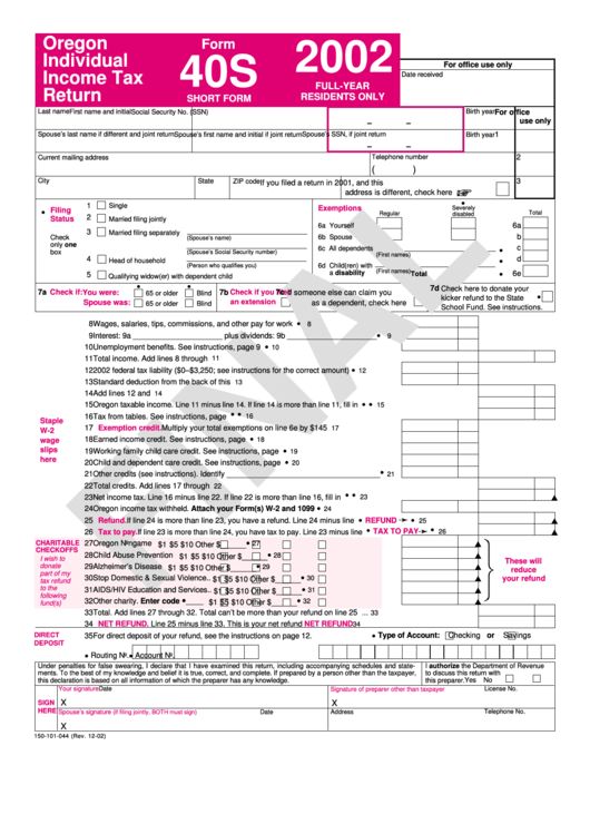 Form 40s - Oregon Individual Income Tax Return - 2002 Printable pdf