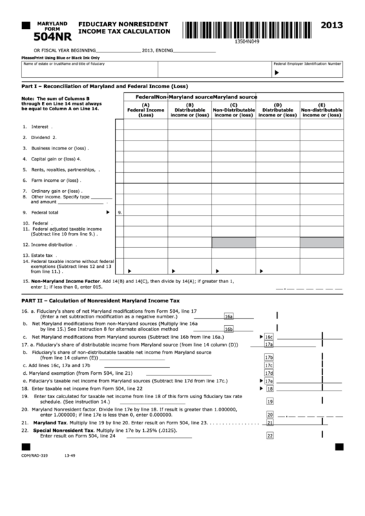Fillable Maryland Form 504nr - Fiduciary Nonresident Income Tax Calculation - 2013 Printable pdf