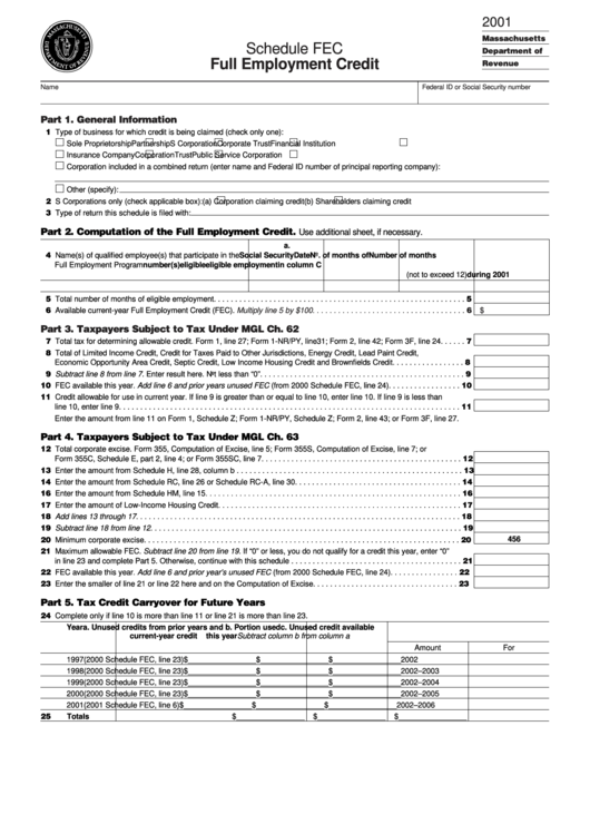 Schedule Fec - Full Employment Credit - 2001 Printable pdf