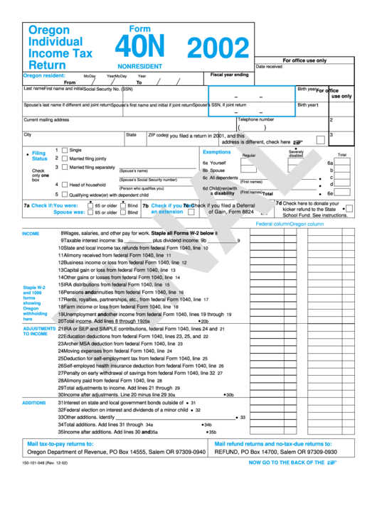 Form 40n - Oregon Individual Income Tax Return - 2002 Printable pdf