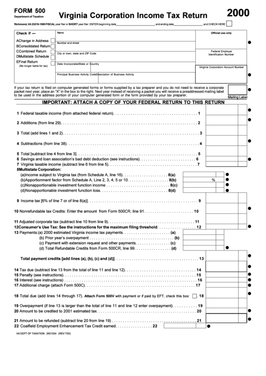 Form 500 - Virginia Corporation Income Tax Return - 2000 Printable pdf