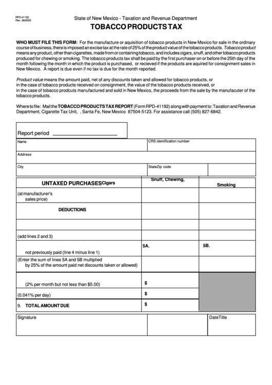 Form Rpd-41192 - Tobacco Products Tax - New Mexico Taxation And Revenue Department Printable pdf
