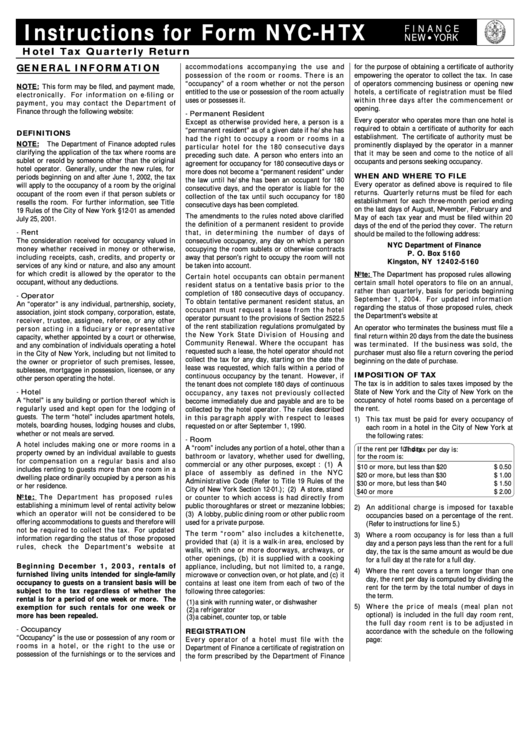 Instructions For Form Nyc-Htx - Hotel Tax Quarterly Return - 2005 Printable pdf