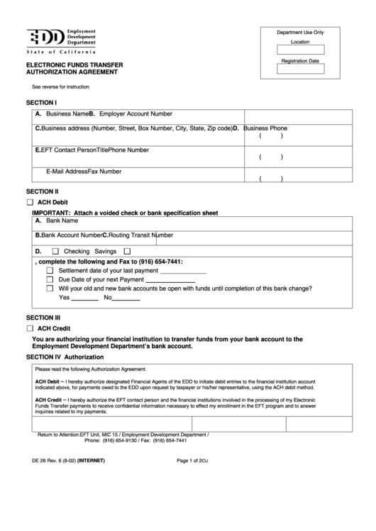 Form De 26 - Electronic Funds Transfer Authorization Agreement Printable pdf