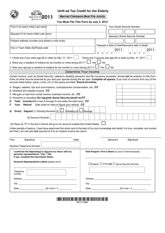 Fillable Form Sc-40 - Unifi Ed Tax Credit For The Elderly - 2011 Printable pdf