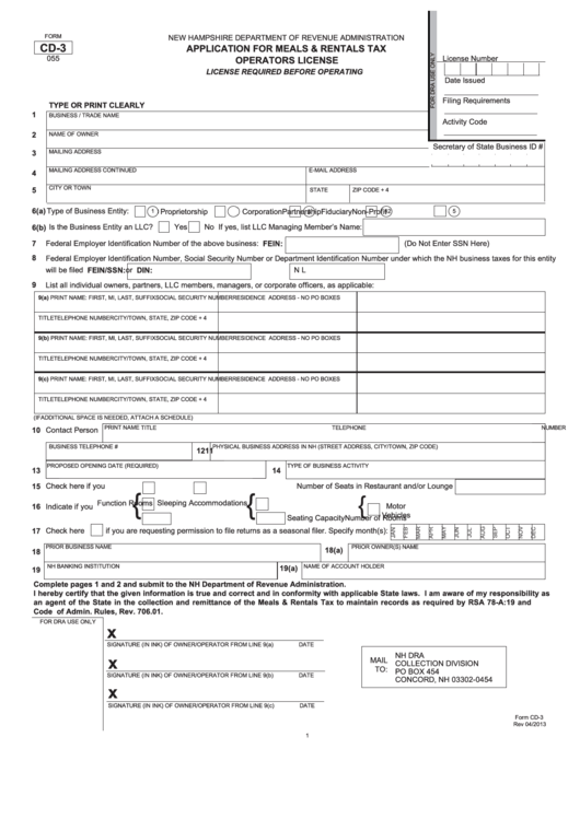 Form Cd-3 - Application For Meals & Rentals Tax Operators License - 2013 Printable pdf
