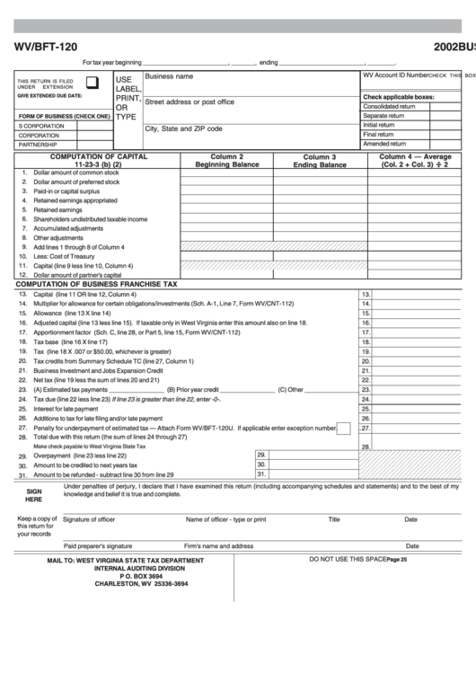 Form Wv/bft-120 - Business Franchise Tax Return - 2002 Printable pdf